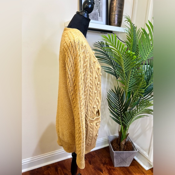Cupcakes & Cashmere Mustard Tan Long Cable Cardigan with Bobbles & Pockets Large - Picture 3 of 7
